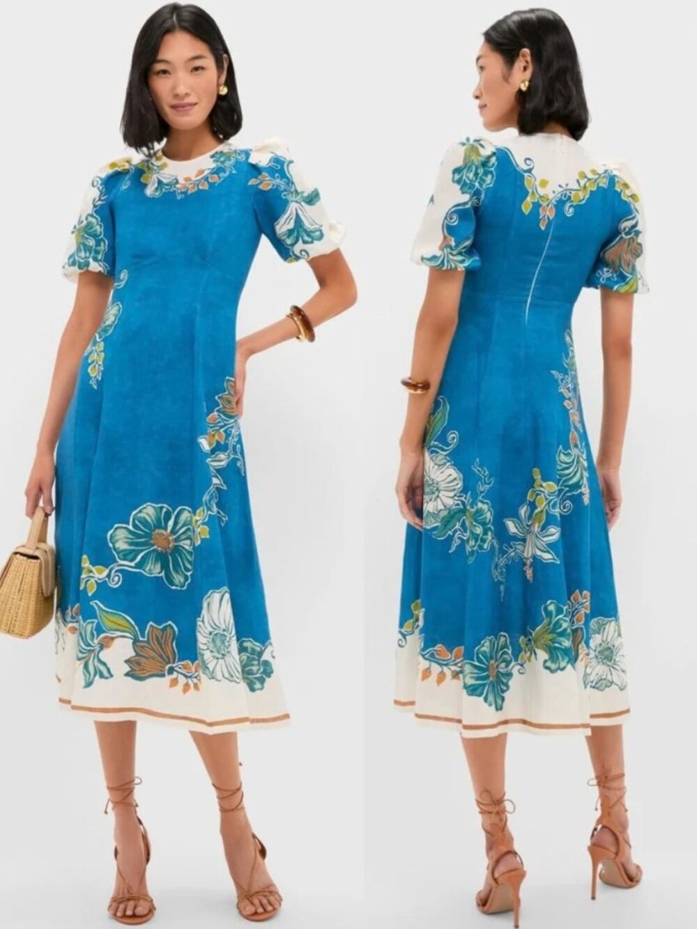 Alemais Luda Midi Dress Blue White Linen Floral Puff Sleeve NWT Size AU 6 US 2